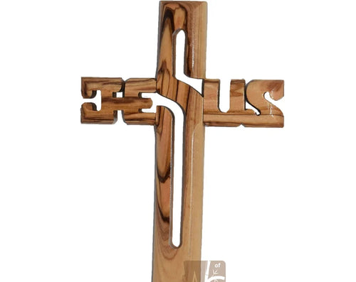 Handcrafted Olive Wood Jesus Letters Cross, Unique Christian Wall Art from Bethlehem