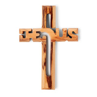 Handcrafted Olive Wood Jesus Letters Cross, Unique Christian Wall Art from Bethlehem