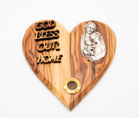 God bless our home - heart-shaped wooden plaque with metallic Holy Family icon