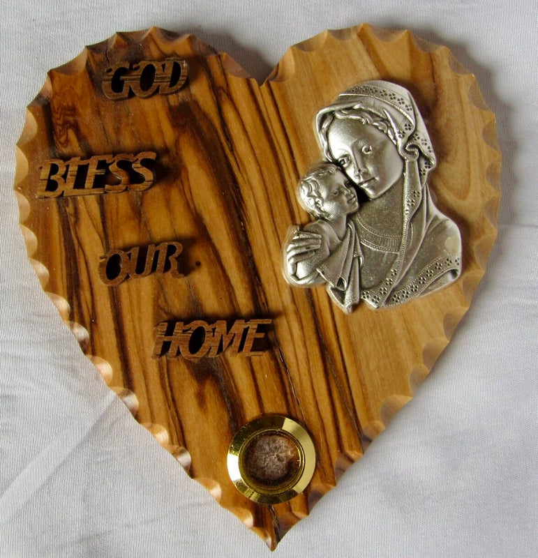 God bless our home - heart-shaped wooden plaque with metallic Holy Family icon