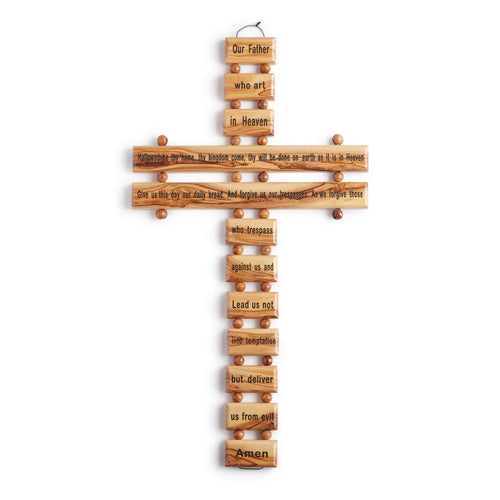 Handmade Olive Wood Hanging Cross: Lord's Prayer Engraved