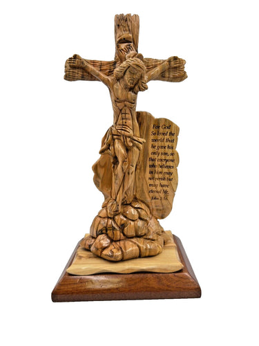 Jesus Crucifixion Unique Figure with John 3:16 Scripture Crafted on Olive Wood