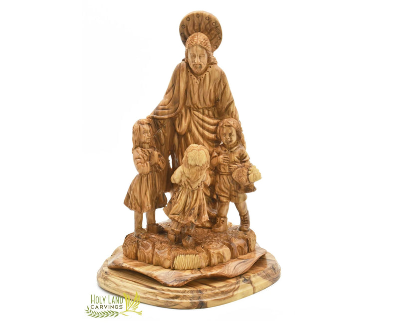 Jesus With The Children Statue, Olive Wood Statue of Jesus Masterpiece Made in the Holy Land, Gift for New Home