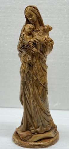 The Virgin Mary Holding Baby Jesus and a Lamb – Olive Wood Artistic Sculpture 34 cm