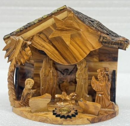 Olive Wood Nativity with Musical Box – Handcrafted Holy Land Decor 19 cm