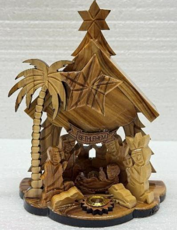 Olive Wood Nativity with Musical Box – Handcrafted Holy Family Figurine 17 cm