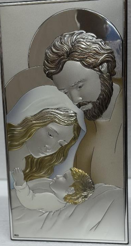 The Holy Family – Sterling Silver with Gold & Blue Highlights on Wood Base 32*17 cm