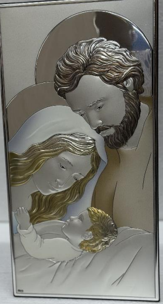 The Holy Family – Sterling Silver with Gold & Blue Highlights on Wood Base 32*17 cm