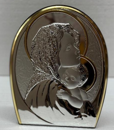 Virgin Mary with Baby Jesus – Sterling Silver and Gold Highlights on Wood Base