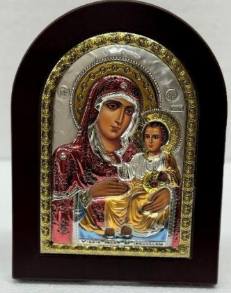 Virgin Mary of Jerusalem with Baby Jesus – Silver, Gold, and Colored Highlights on Wood Base