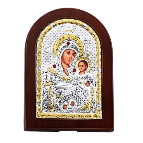 Silver-plated icon of the Virgin Mary of Bethlehem for table or wall and rounded wooden frame