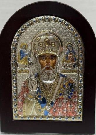 St. Nicholas – Silver, Gold, and Colored Highlights on Wood Base