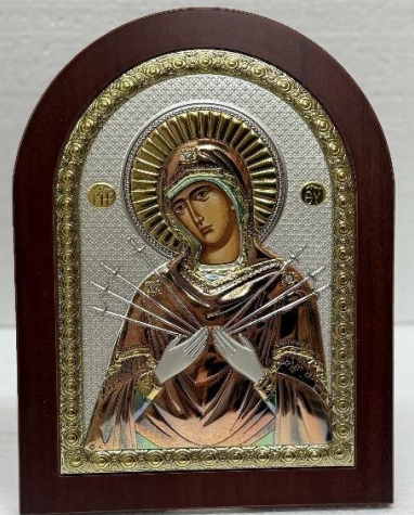 Virgin Mary of the Seven Arrows – Silver, Gold, and Colored Highlights on Wood Base