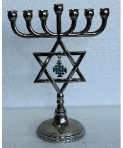 Elegant Silver Menorah with Jerusalem Cross – Holy Land Inspired Judaica Decor